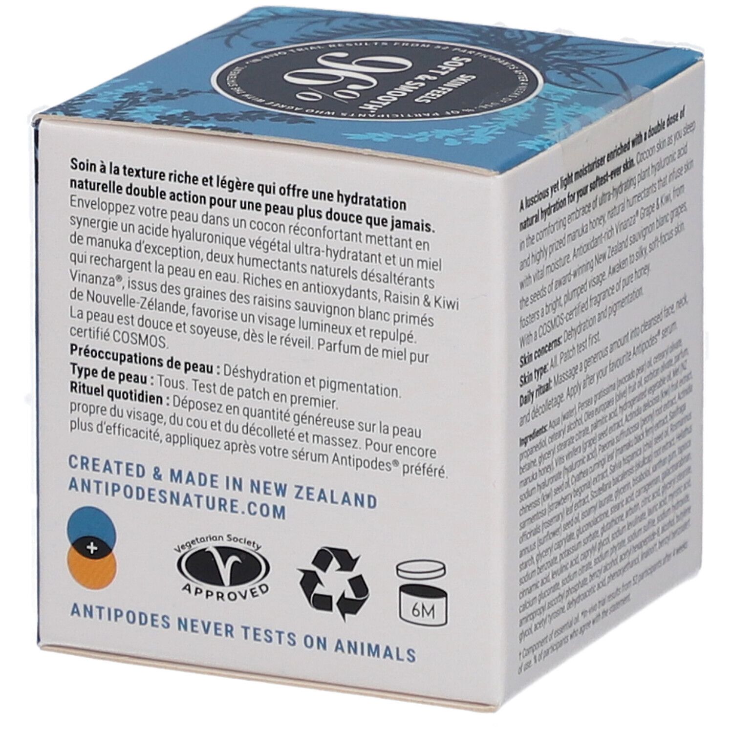 Kartonnen verpakking met productinformatie en certificeringen. Opschrift: Antipodes Harmony Hyaluronic Manuka Honey Night Cream.