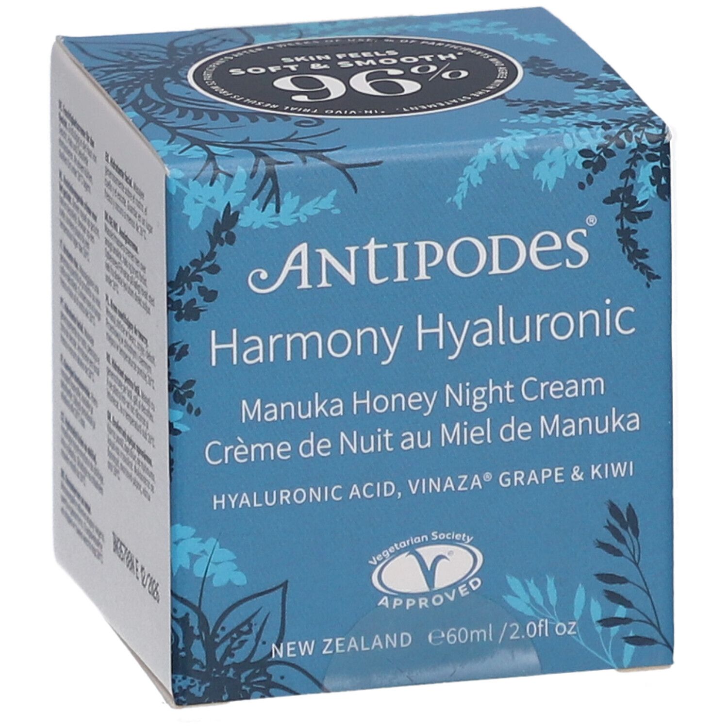 Kartonnen verpakking, schuin. Opschrift: Antipodes Harmony Hyaluronic Manuka Honey Night Cream. Met logo.