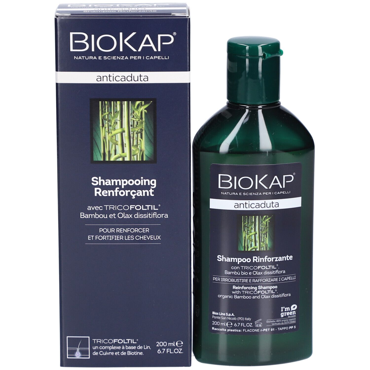 Flacon et boîte de shampooing BIOKAP. Inscription: anticaduta, Shampoo Rinforzante. Illustration de bambou.