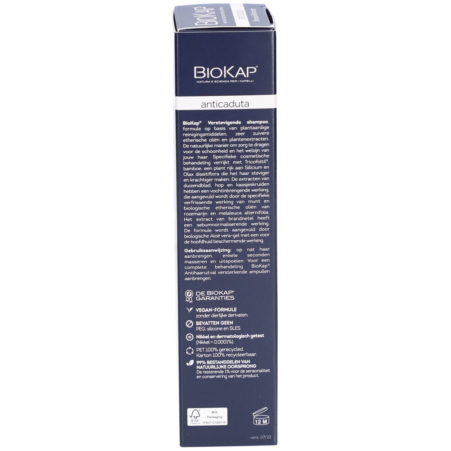 Dos de la boîte bleue BIOKAP. Texte en néerlandais. Certifications et logos.