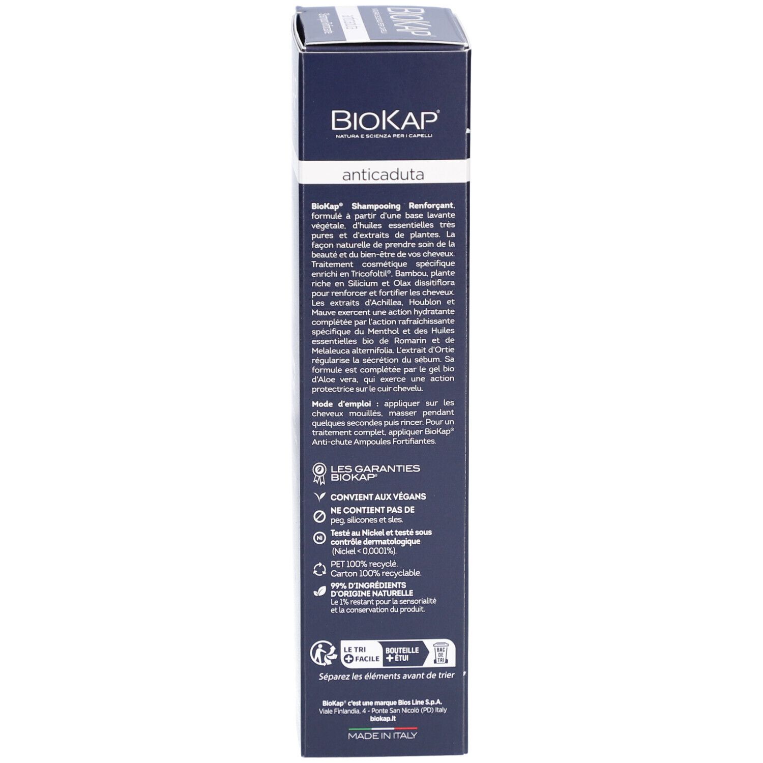 Dos de la boîte bleue BIOKAP. Texte en français. Certifications et logos.