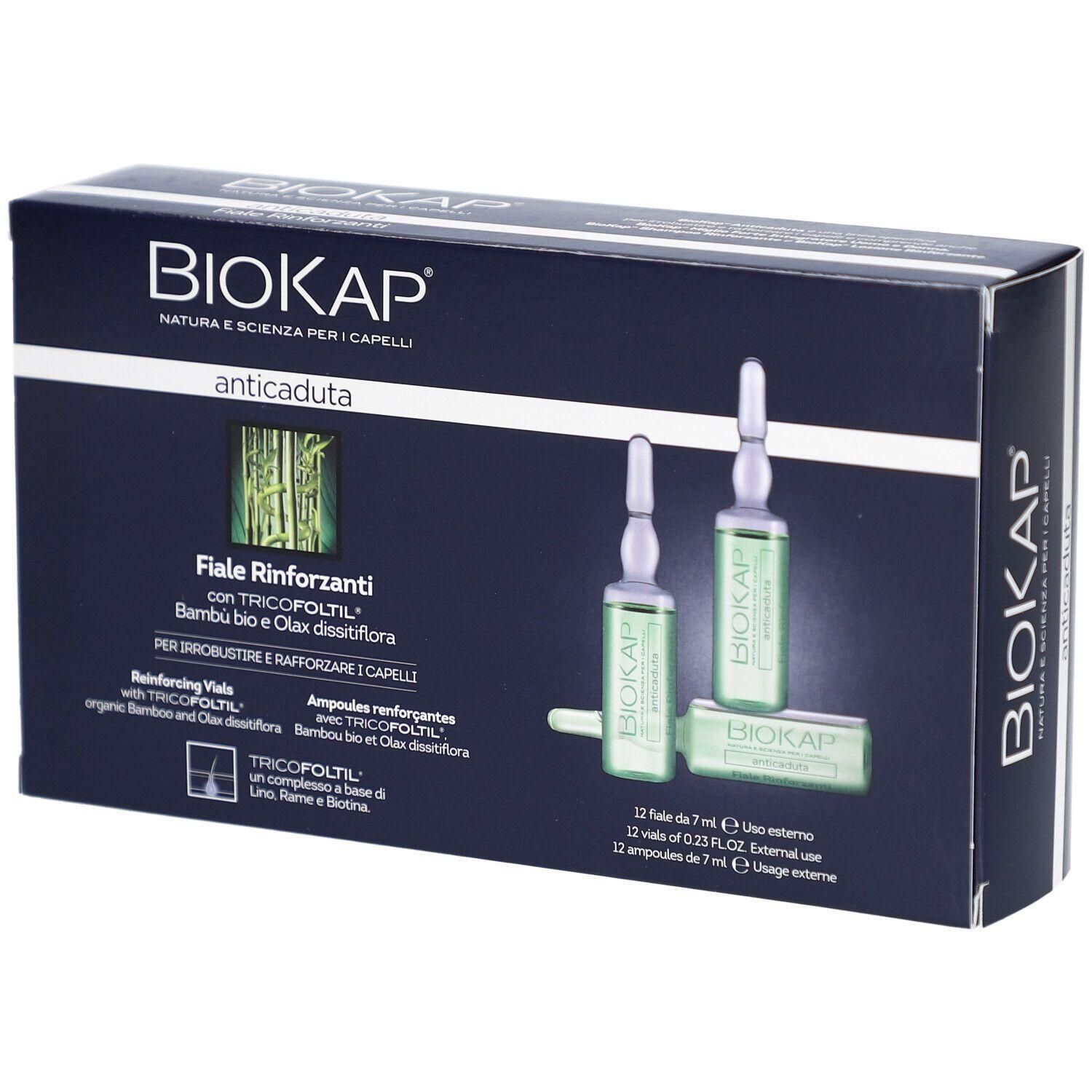 BIOKAP-verpakking met ampullen. Donkerblauwe doos met productnaam en afbeelding. 12 ampullen.