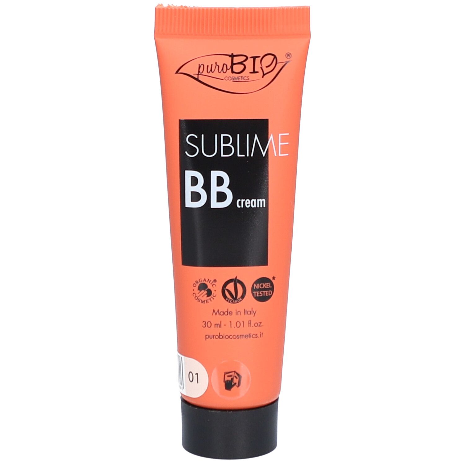 Oranje tube met zwarte dop. Opschrift: puroBIO, SUBLIME BB cream. Vegan logo, 30 ml, tint 01.