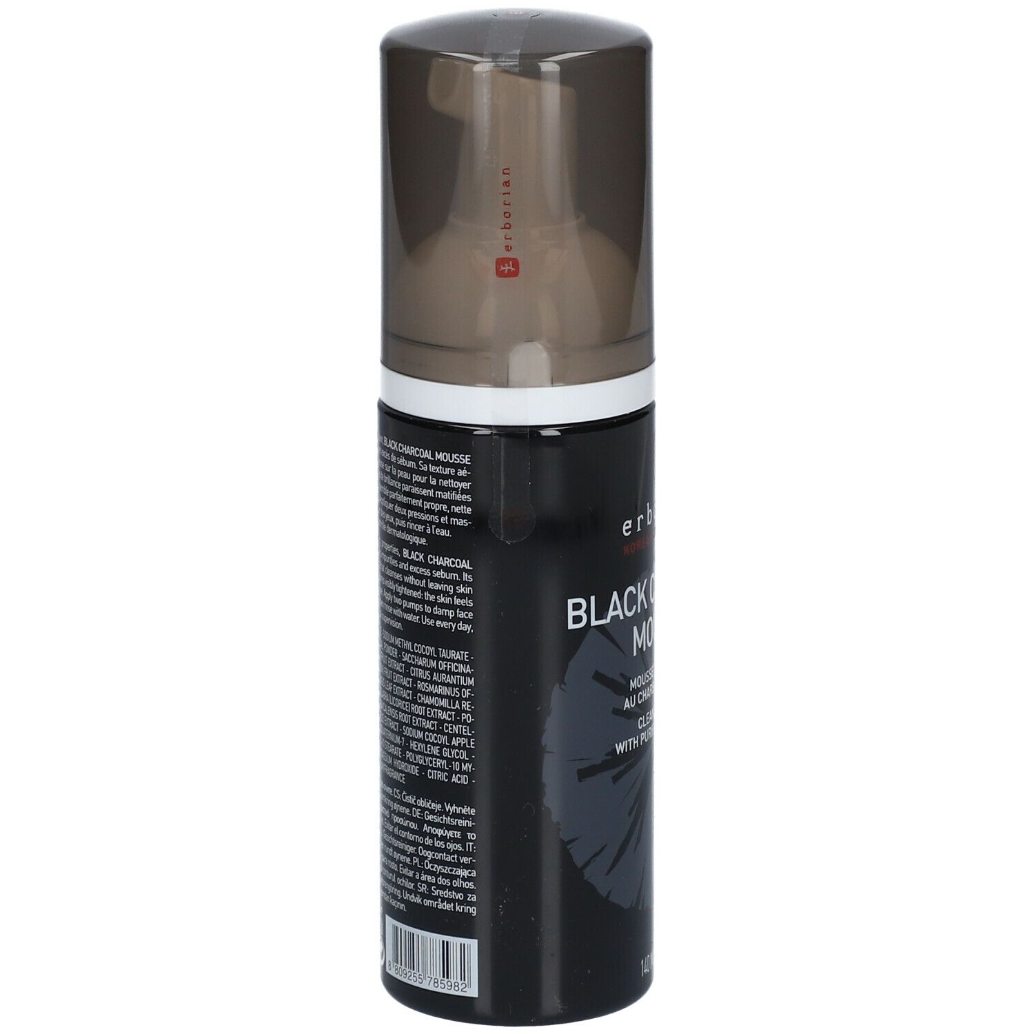 Zwarte fles met pomp. Tekst: Black Charcoal Mousse. Ingrediënten en instructies op de achterkant. Merk: erborian.
