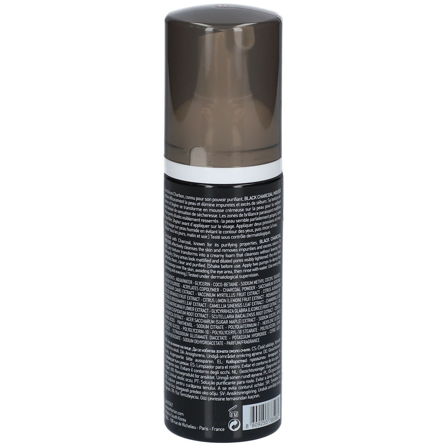 Zwarte fles met pomp. Tekst: Black Charcoal Mousse. Ingrediënten en instructies op de achterkant. Merk: erborian.