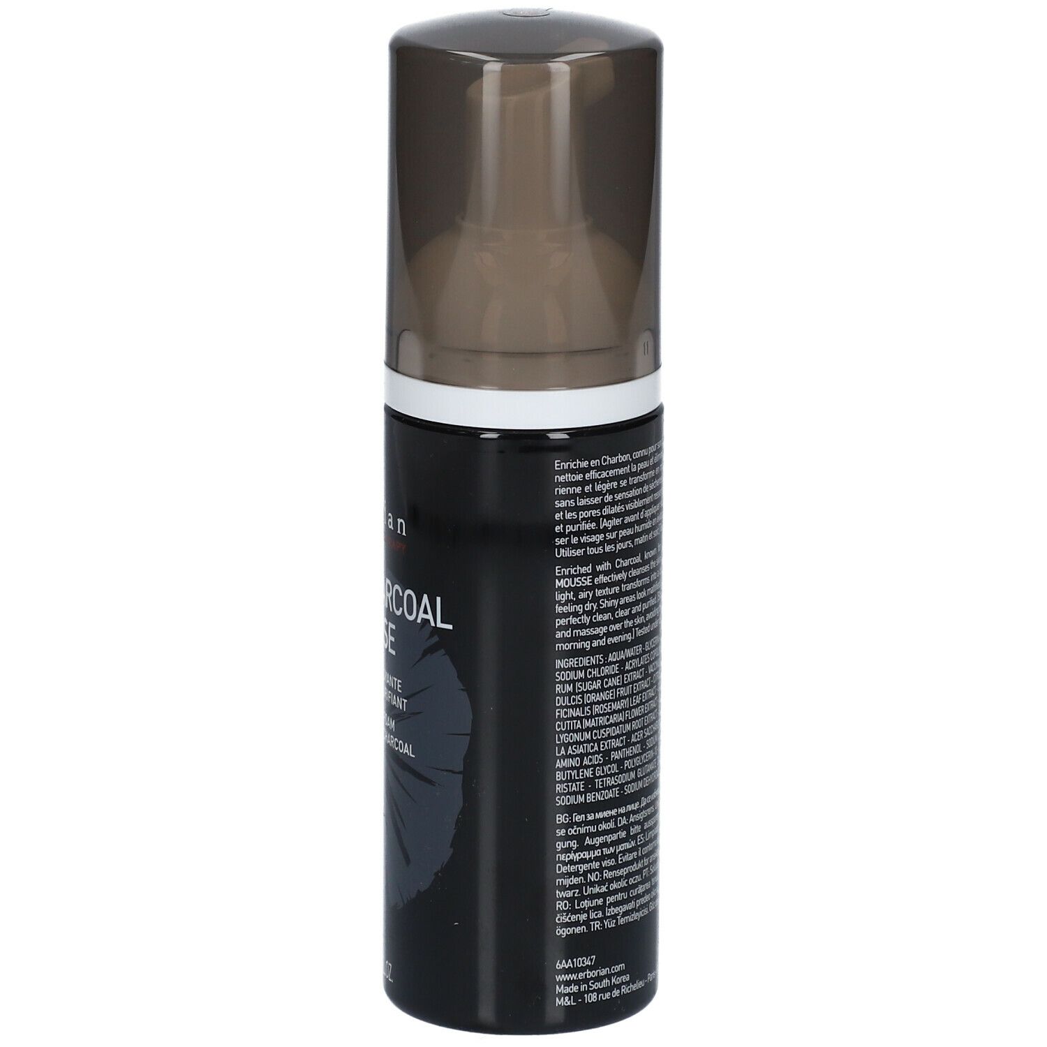 Zwarte fles met pomp. Tekst: Black Charcoal Mousse. Ingrediënten en instructies op de achterkant. Merk: erborian.