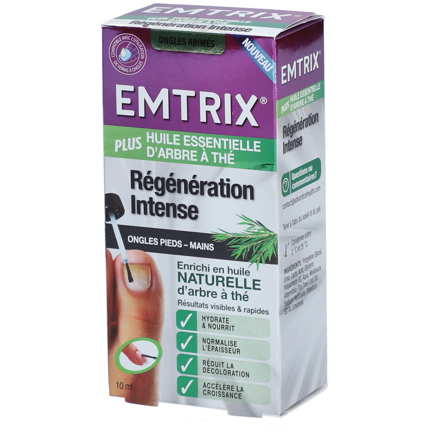 Boîte EMTRIX Plus. Inscription: Régenération Intense, huile essentielle d'arbre à thé. Montre un ongle avec applicateur.