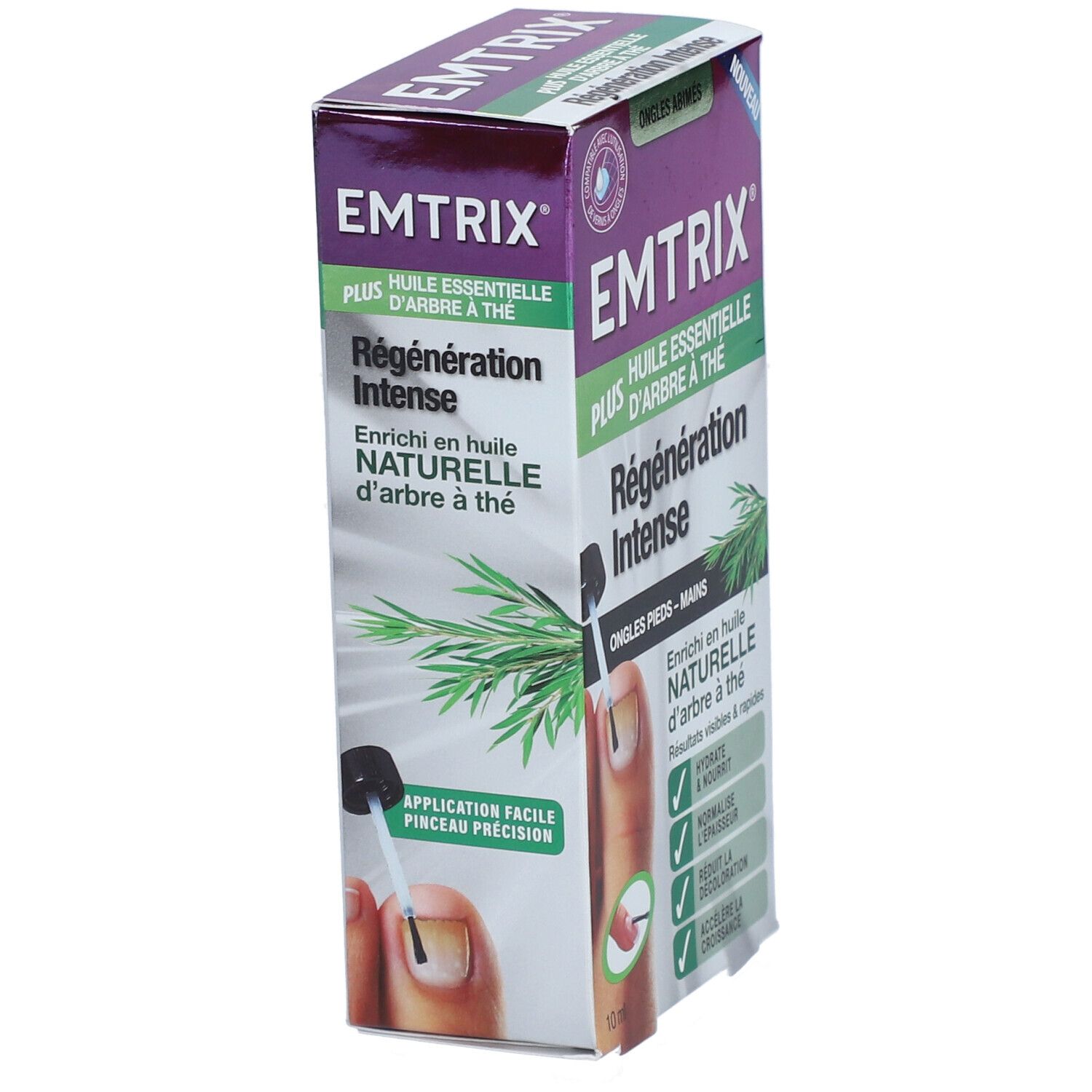 Boîte EMTRIX Plus, Régenération Intense, huile essentielle d'arbre à thé. Montre un ongle avec applicateur. Vue en angle.