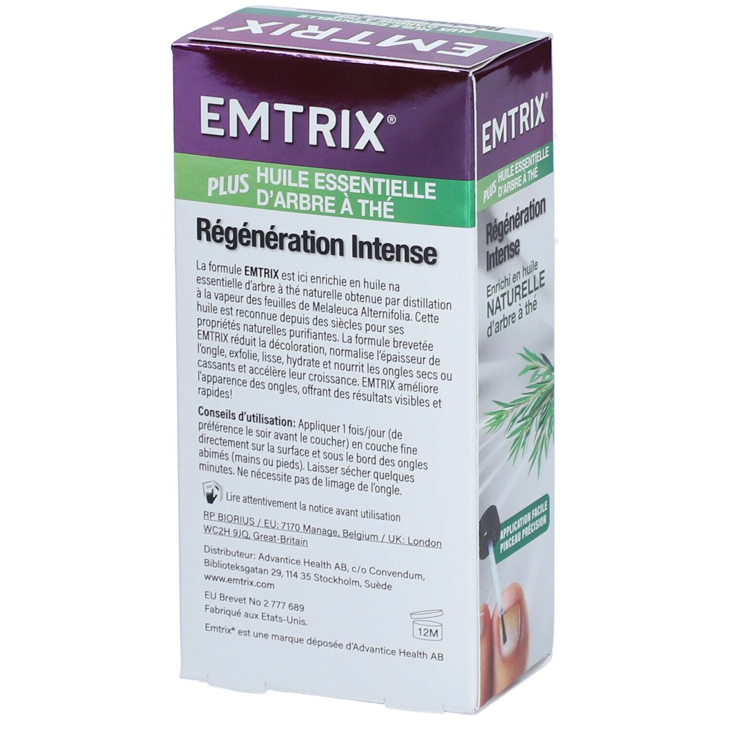 Dos de la boîte EMTRIX Plus. Texte: Régenération Intense, huile essentielle d'arbre à thé. Ingrédients, instructions d'utilisation.