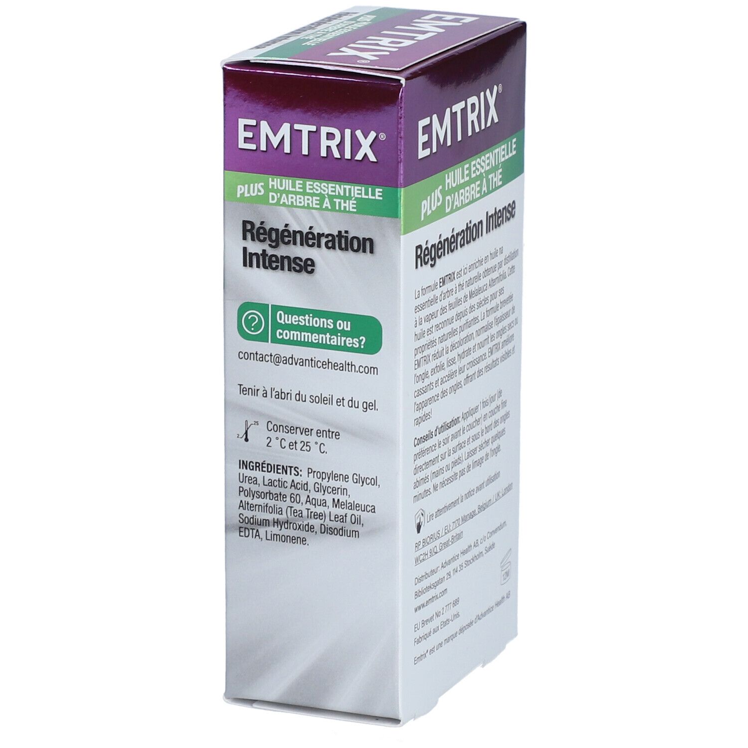 Côté de la boîte EMTRIX Plus. Texte: Régenération Intense, huile essentielle d'arbre à thé. Ingrédients, coordonnées.