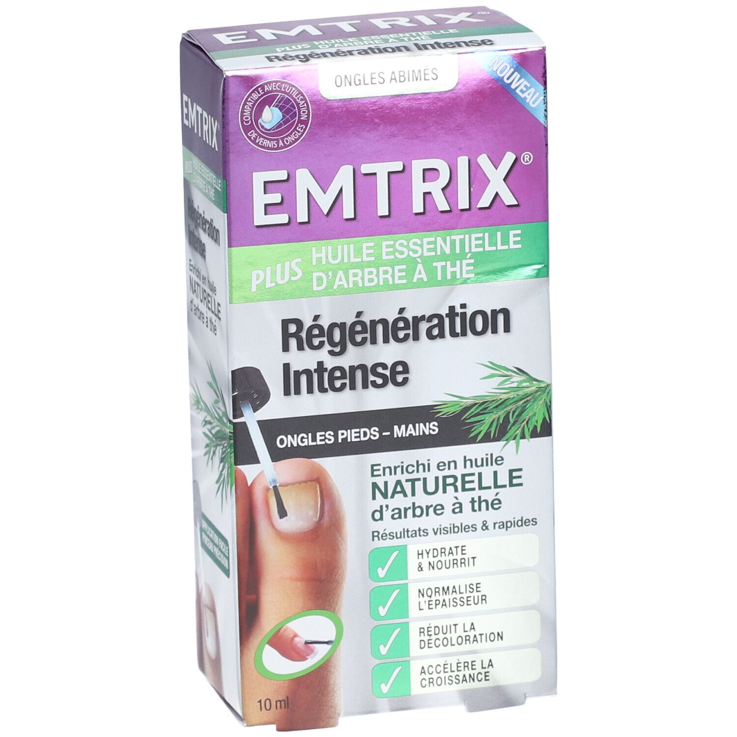 Boîte EMTRIX Plus. Inscription: Régenération Intense, huile essentielle d'arbre à thé. Montre un ongle avec applicateur. 10 ml.
