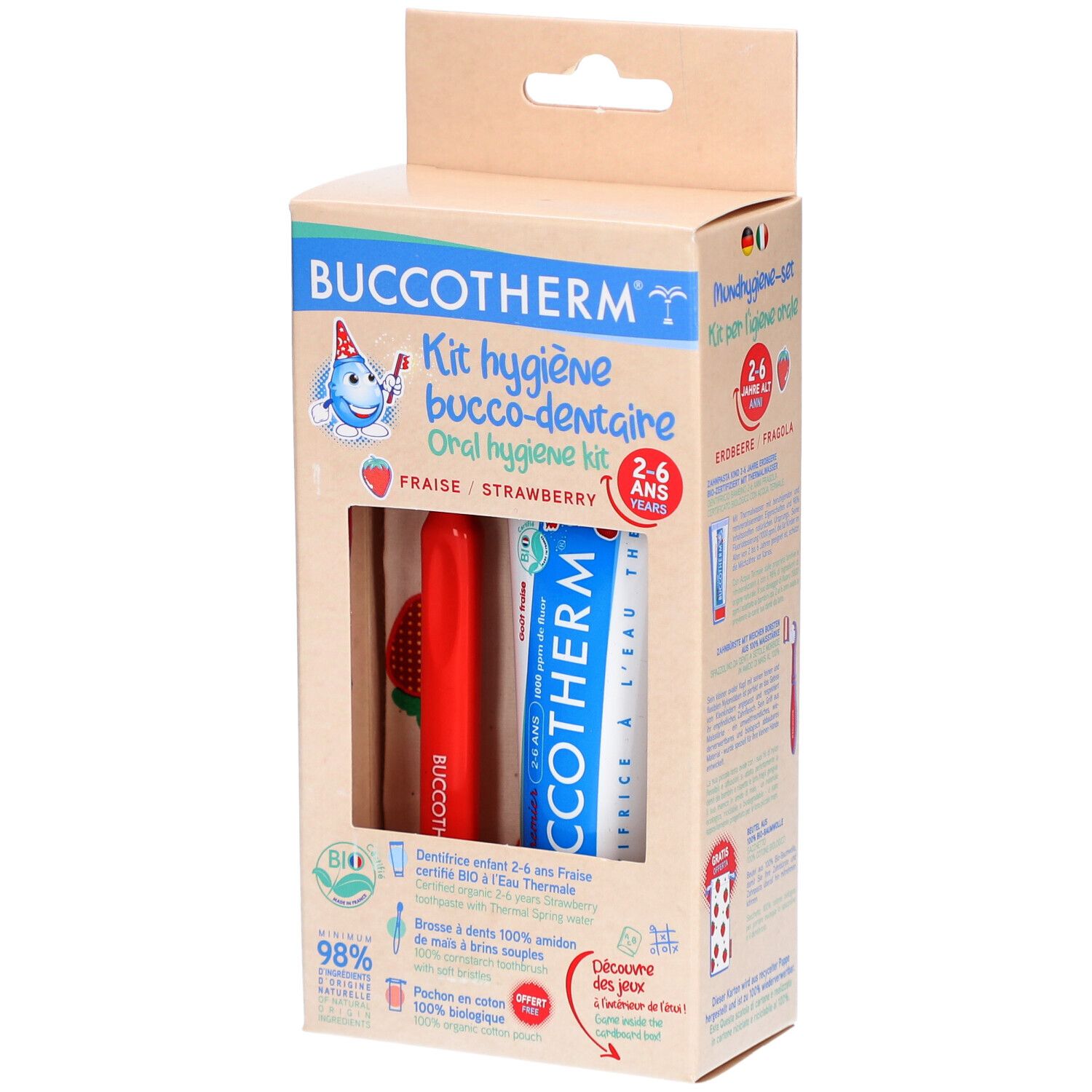 Kit d'hygiène bucco-dentaire pour enfants 2-6 ans. Comprend brosse à dents, dentifrice et pochette. Emballage avec logo et nom.