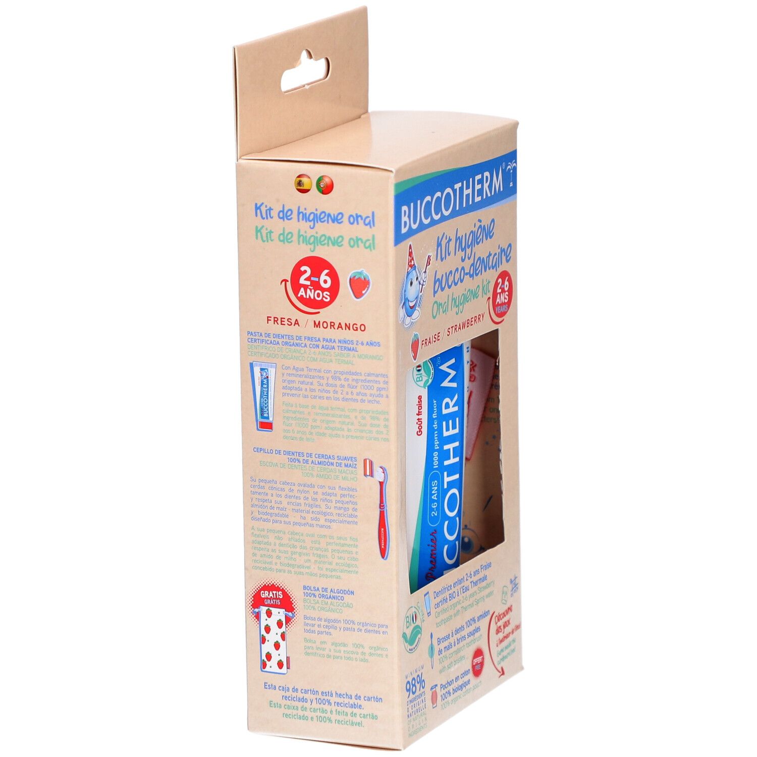 Kit d'hygiène bucco-dentaire pour enfants 2-6 ans. Vue latérale de l'emballage. Contient brosse à dents, dentifrice et pochette. Nom visible.
