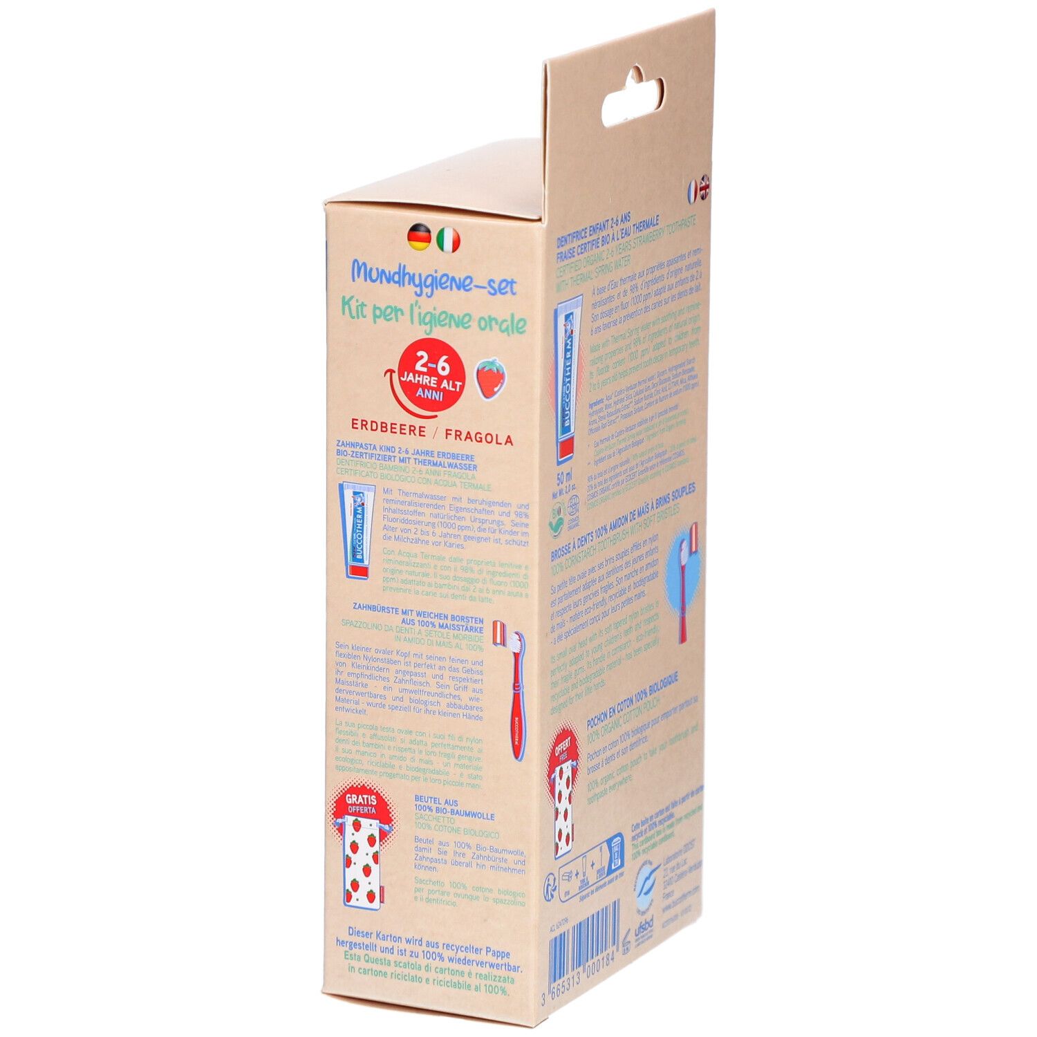 Kit d'hygiène bucco-dentaire pour enfants 2-6 ans. Vue latérale de l'emballage. Nom et logo du produit clairement visibles.