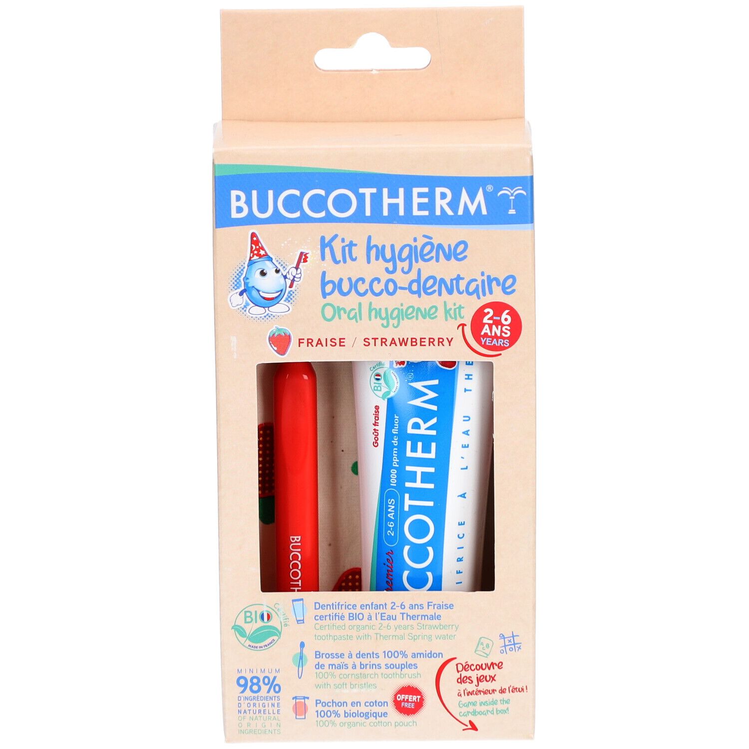 Kit d'hygiène bucco-dentaire pour enfants 2-6 ans. Contient brosse à dents, dentifrice et pochette. Emballage avec nom et logo.
