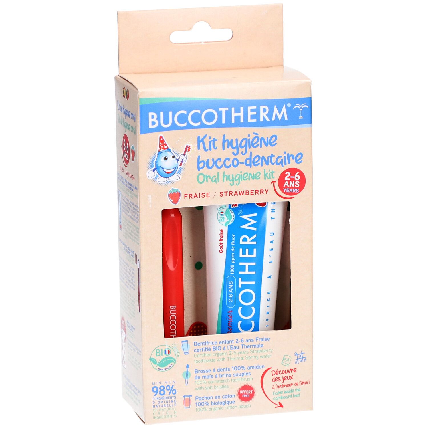 Kit d'hygiène bucco-dentaire pour enfants 2-6 ans. Contient brosse à dents, dentifrice et pochette. Emballage avec nom et logo.