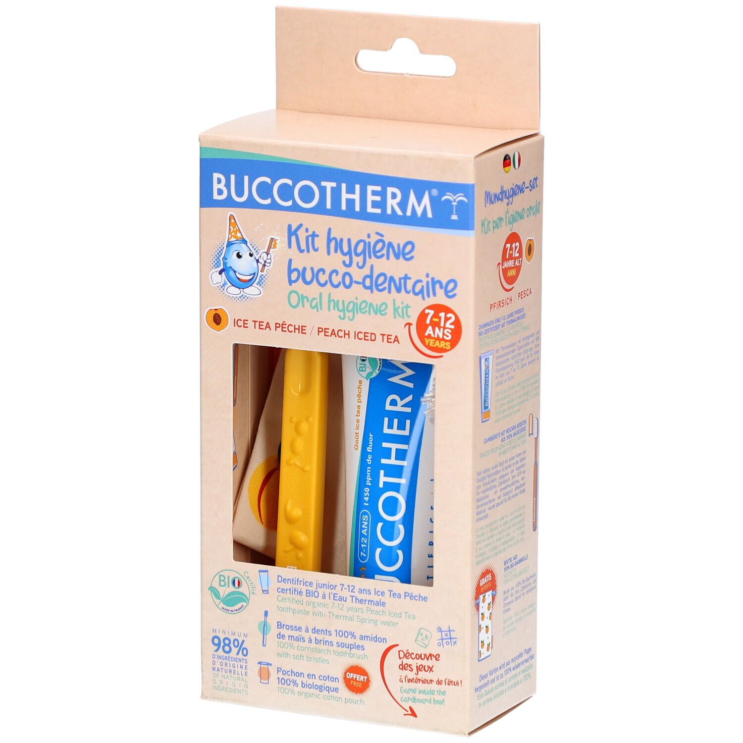 Kit d'hygiène bucco-dentaire pour enfants. Emballage cartonné avec brosse à dents, dentifrice et pochette. Inscription: Buccotherm, Ice Tea Pêche.