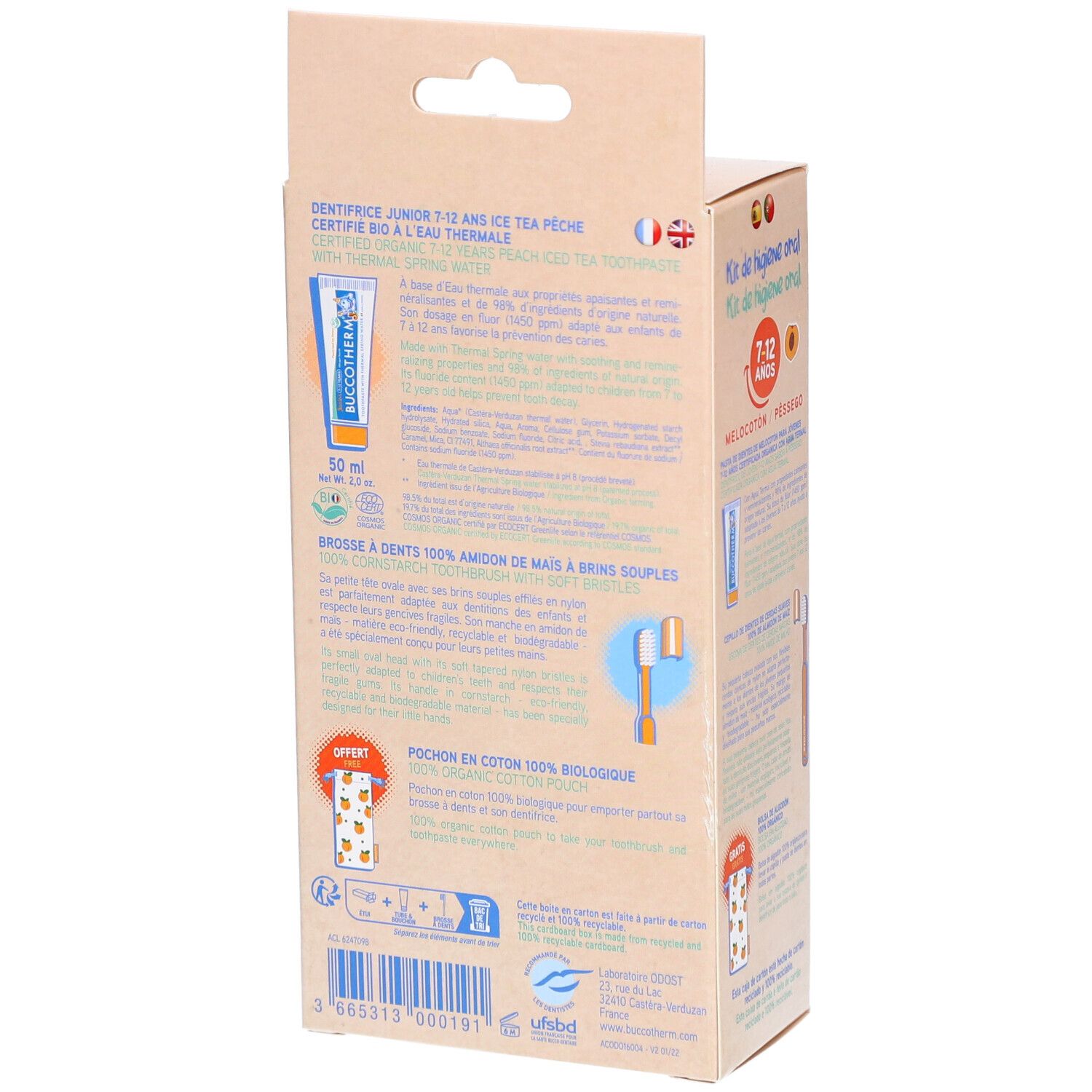 Dos de l'emballage du kit d'hygiène bucco-dentaire. Contient des informations sur les produits. Inscription: Buccotherm, Ice Tea Pêche, 7-12 ans.