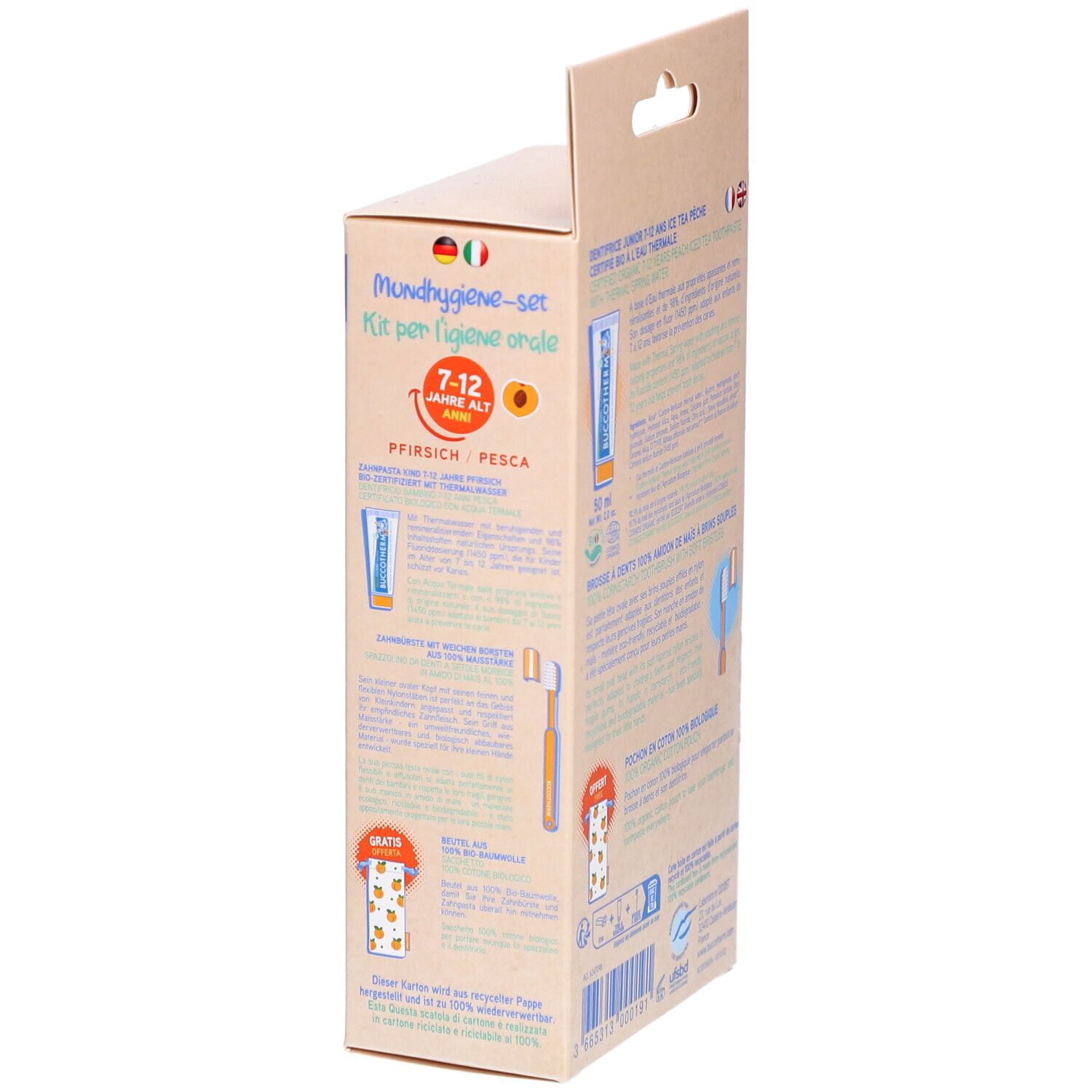 Dos de l'emballage du kit d'hygiène bucco-dentaire. Contient des informations sur les produits. Inscription: Buccotherm, Ice Tea Pêche, 7-12 ans.