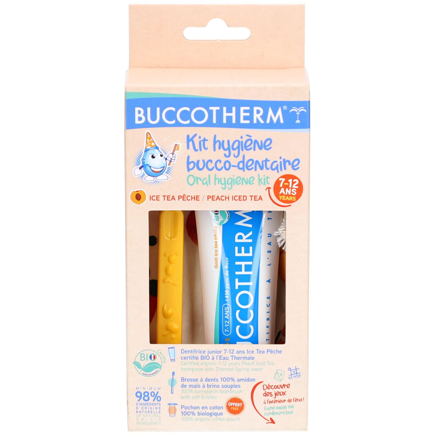 Kit d'hygiène bucco-dentaire pour enfants. Emballage cartonné avec brosse à dents, dentifrice et pochette. Inscription: Buccotherm, Ice Tea Pêche.