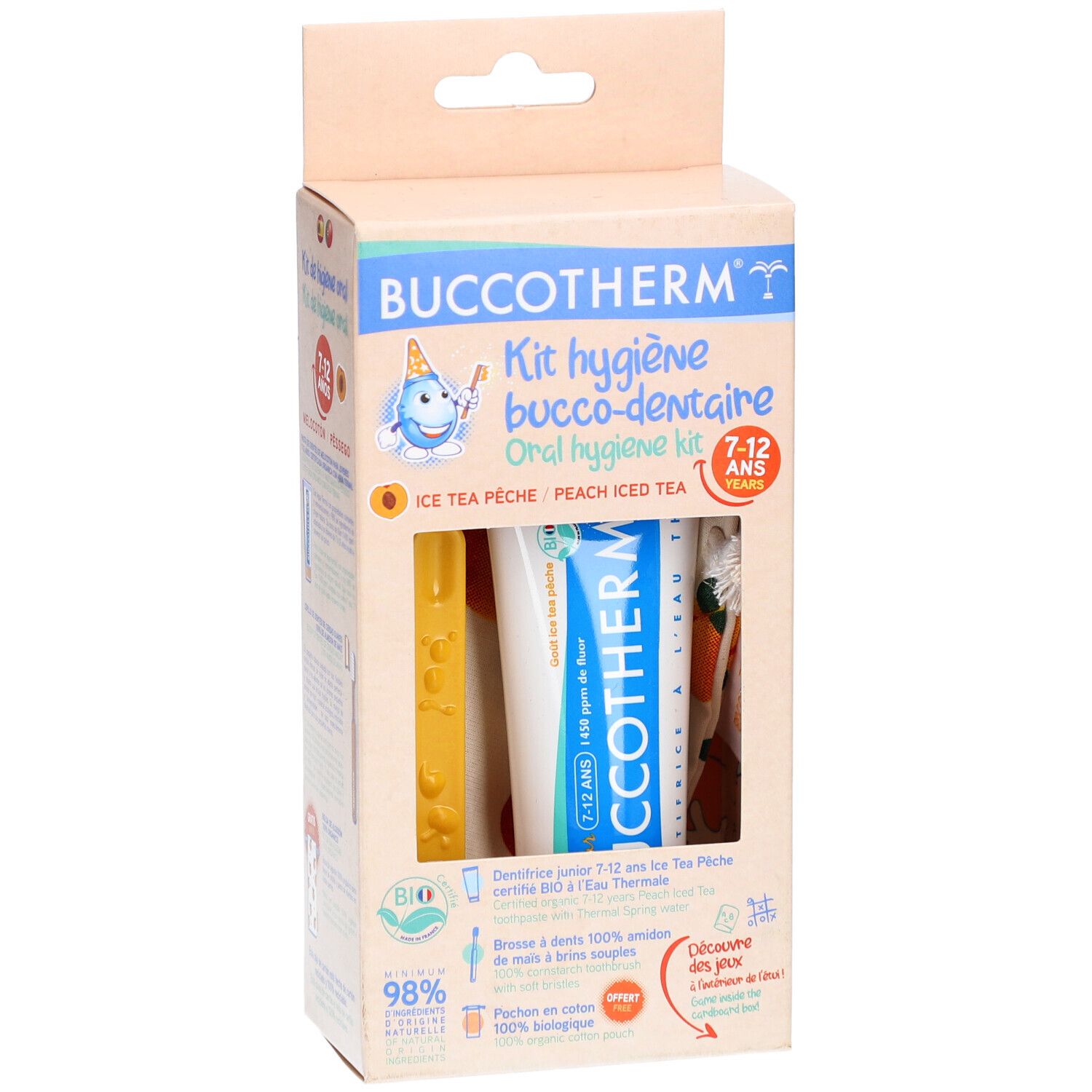 Kit d'hygiène bucco-dentaire pour enfants. Emballage cartonné avec brosse à dents, dentifrice et pochette. Inscription: Buccotherm, Ice Tea Pêche.