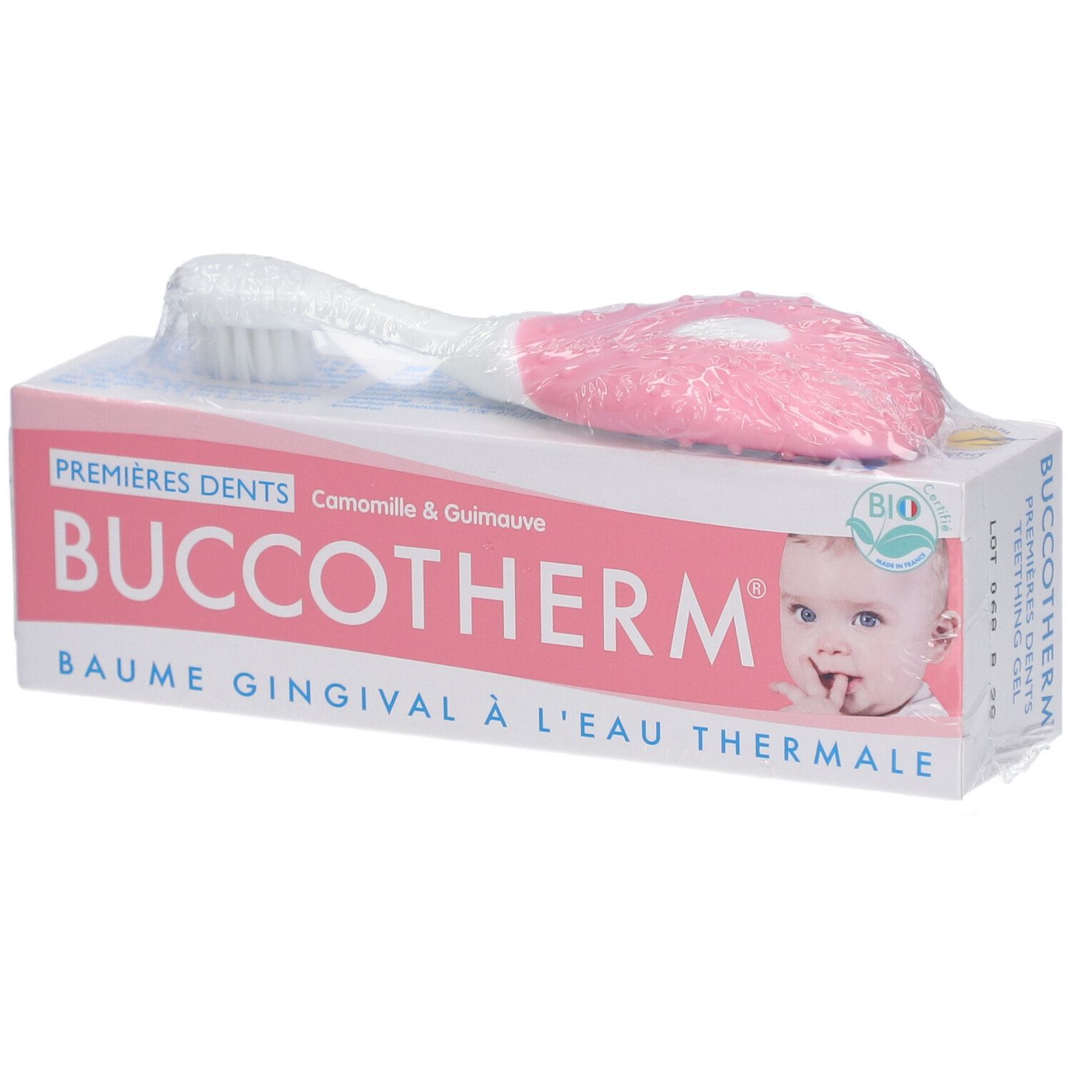 Emballage avec brosse à dents. Inscription: Buccotherm, Premières Dents, Baume Gingival à l'Eau Thermale. Label Bio.