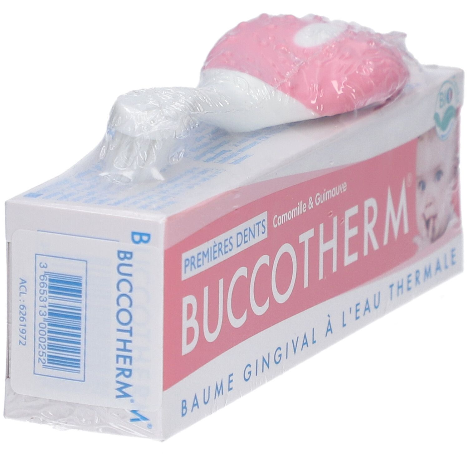 Emballage avec brosse à dents. Inscription: Buccotherm, Premières Dents, Baume Gingival à l'Eau Thermale. Code-barres.