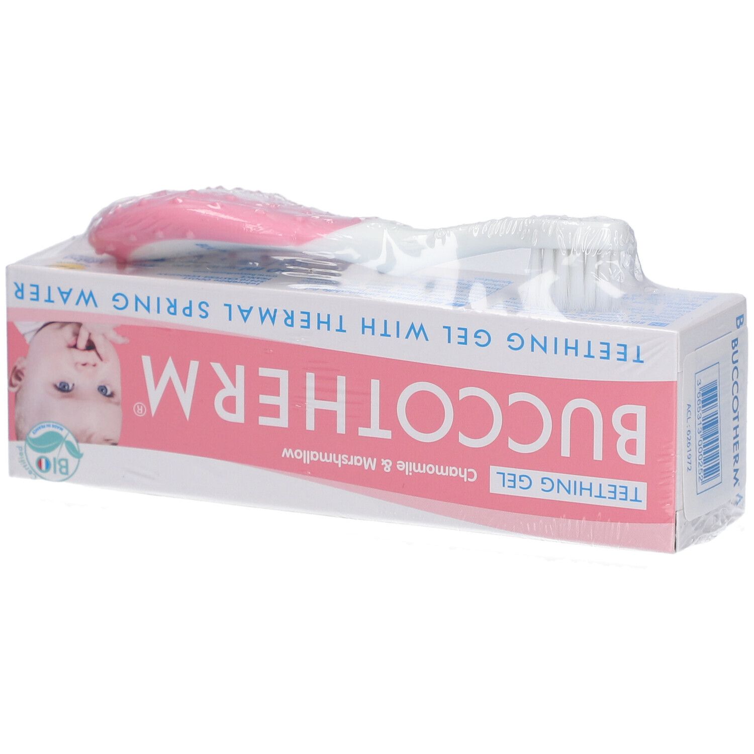 Emballage avec brosse à dents. Inscription: Buccotherm, Teething Gel with Thermal Spring Water. Label Bio.