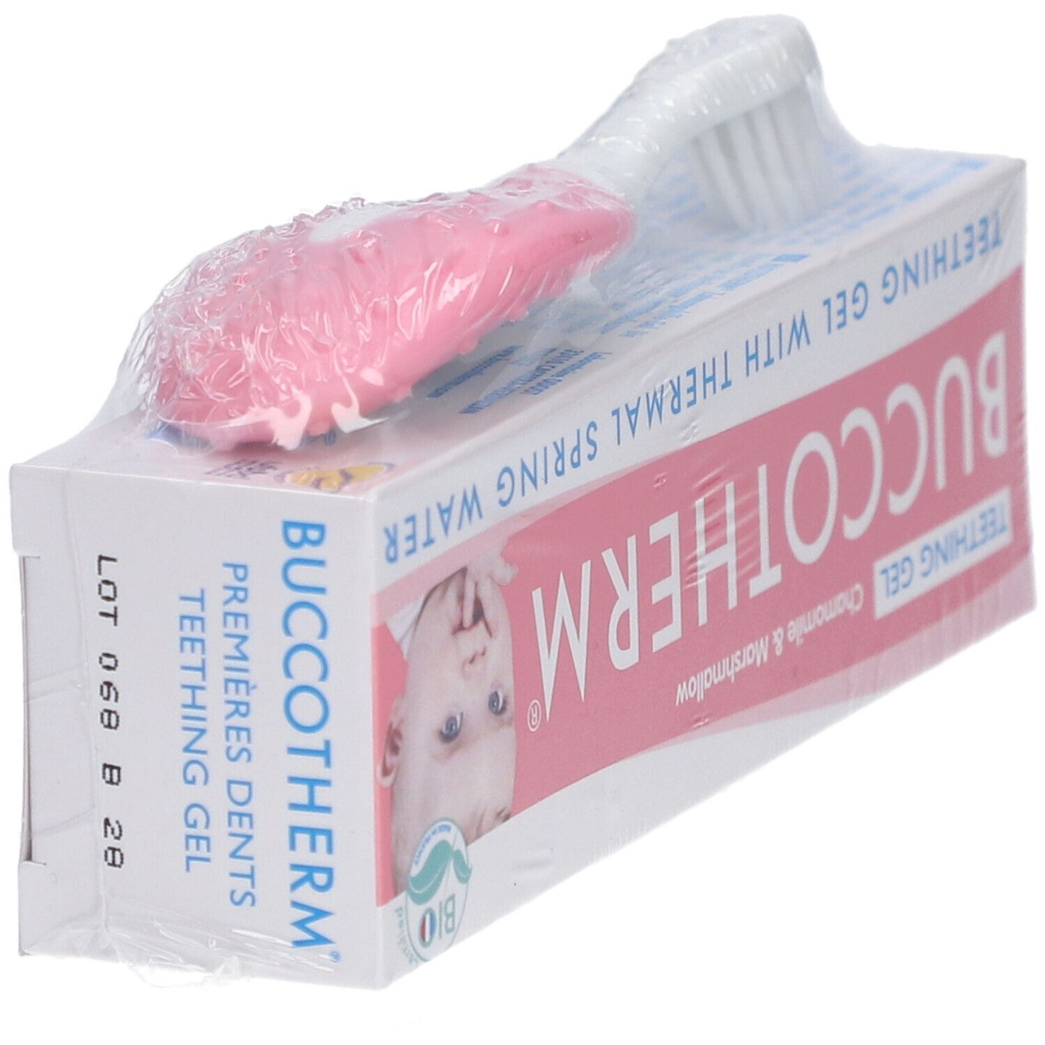 Emballage avec brosse à dents. Inscription: Buccotherm, Teething Gel with Thermal Spring Water. Numéro de lot.