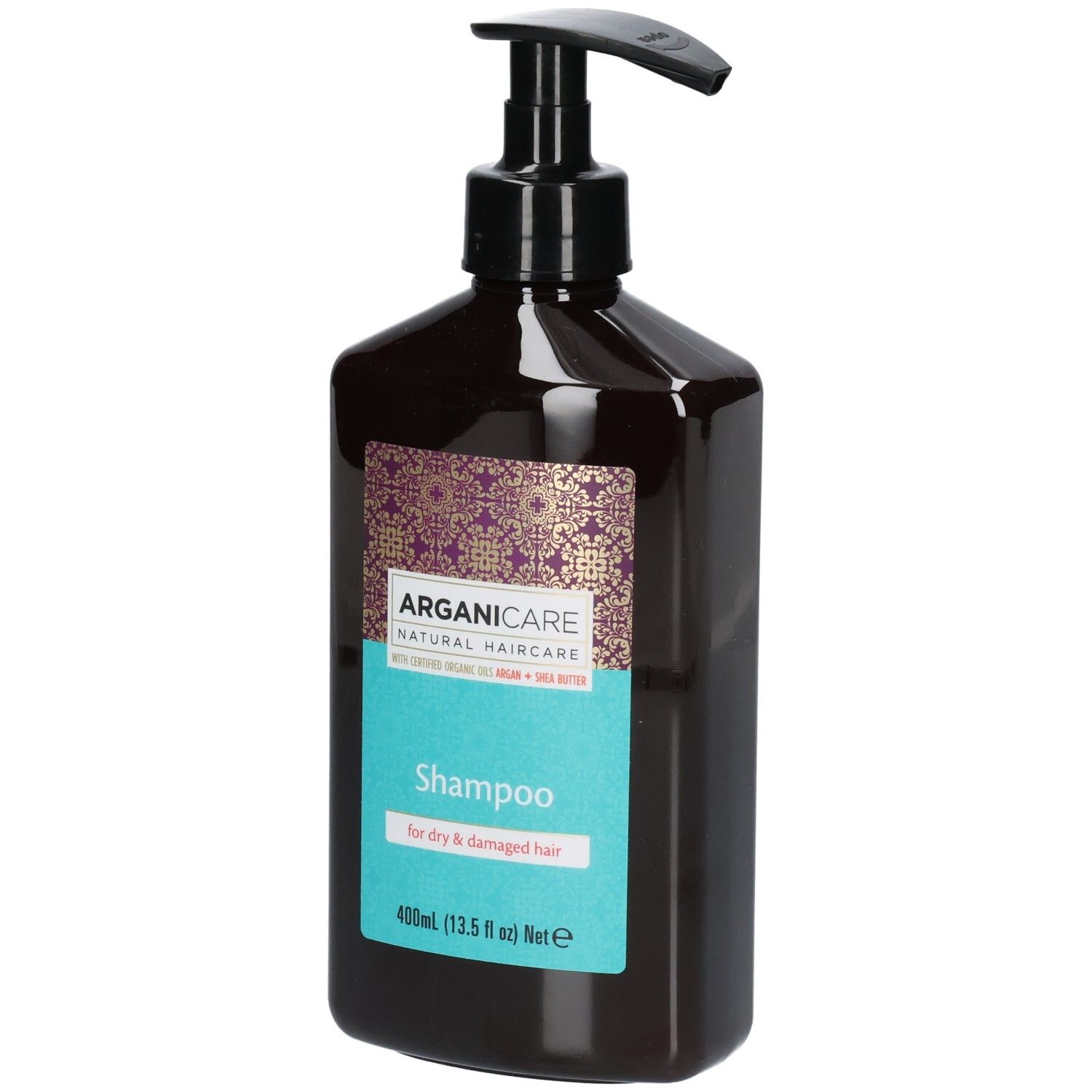 Shampoing Arganicare pour cheveux secs, flacon de 400ml avec pompe.