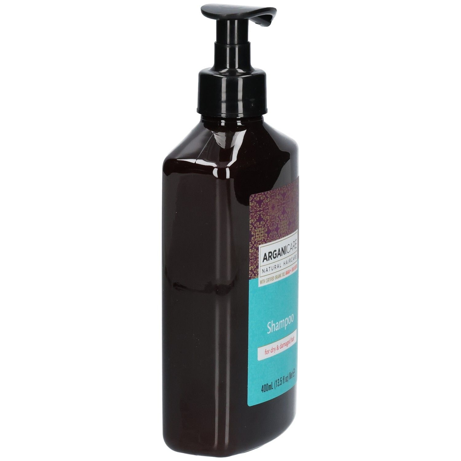 Shampoing Arganicare pour cheveux secs, flacon de côté avec pompe.