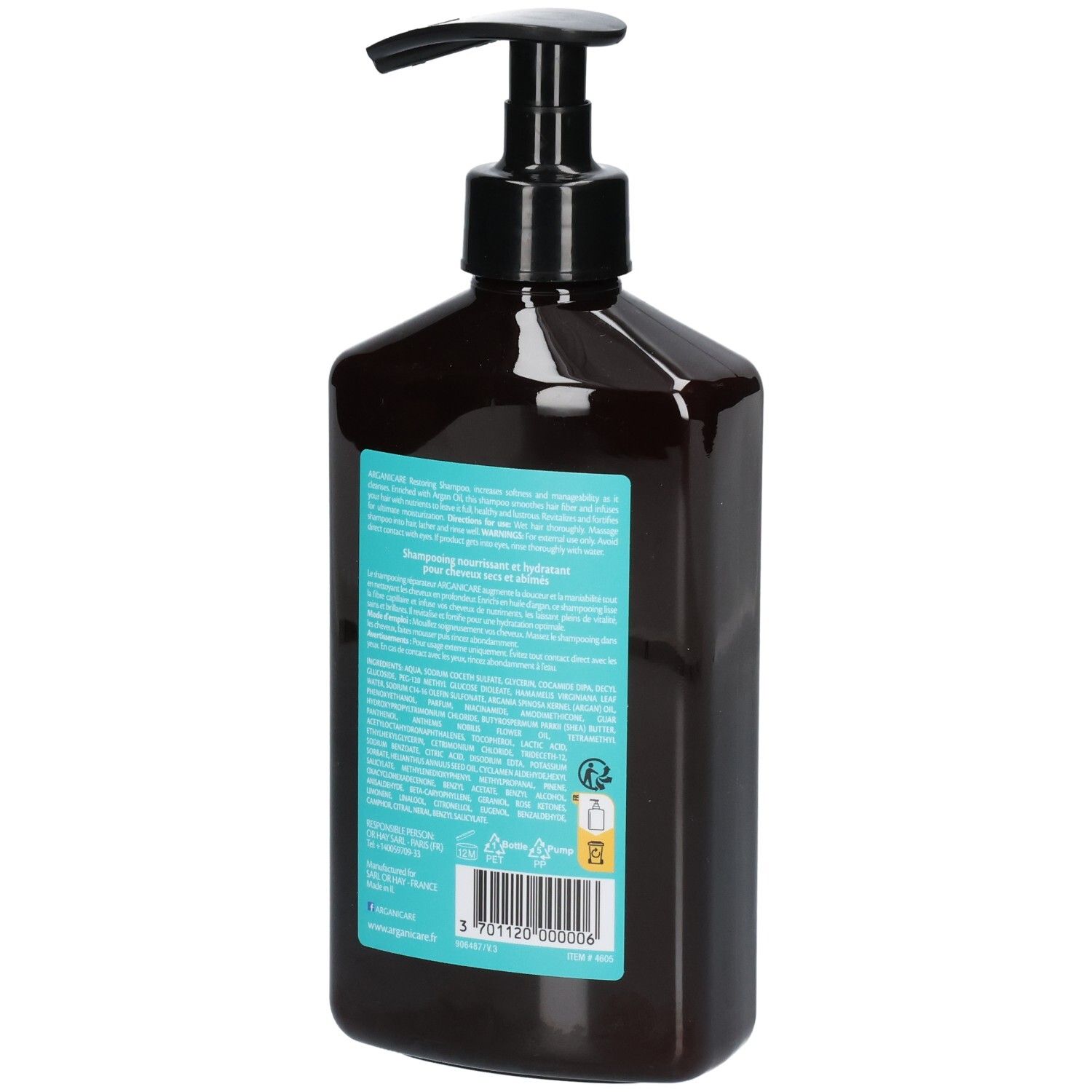 Arrière du flacon de shampoing Arganicare pour cheveux secs, 400ml.