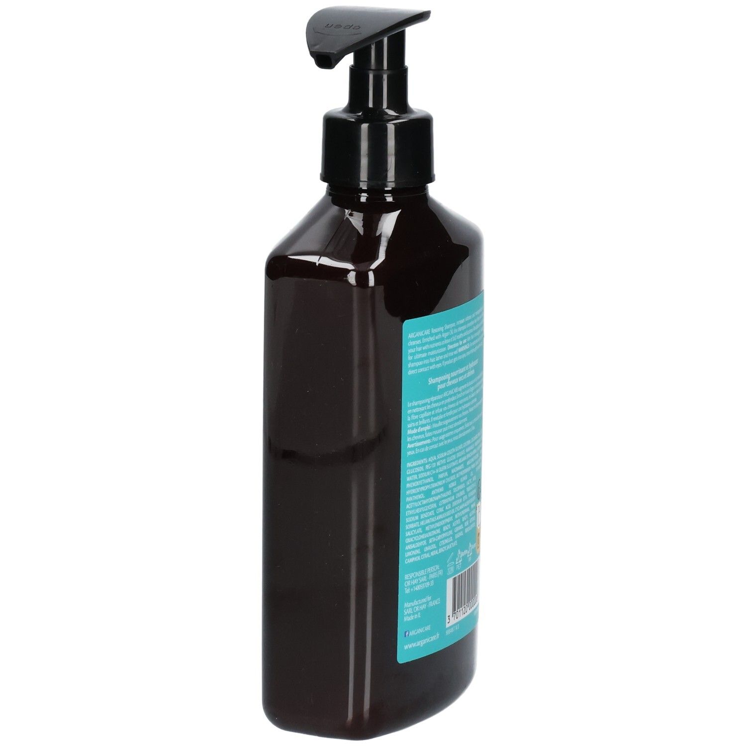 Shampoing Arganicare pour cheveux secs, flacon de côté avec pompe.