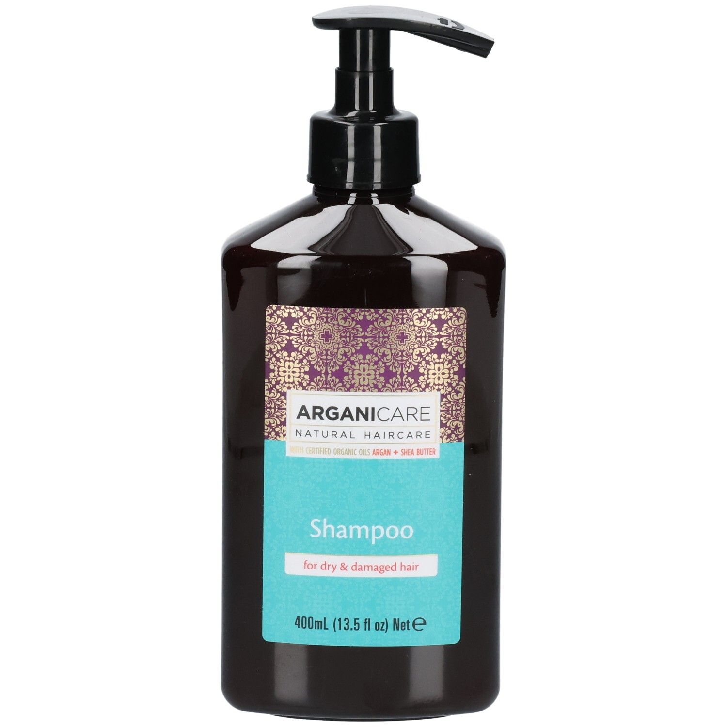 Shampoing Arganicare pour cheveux secs, flacon de 400ml avec pompe.
