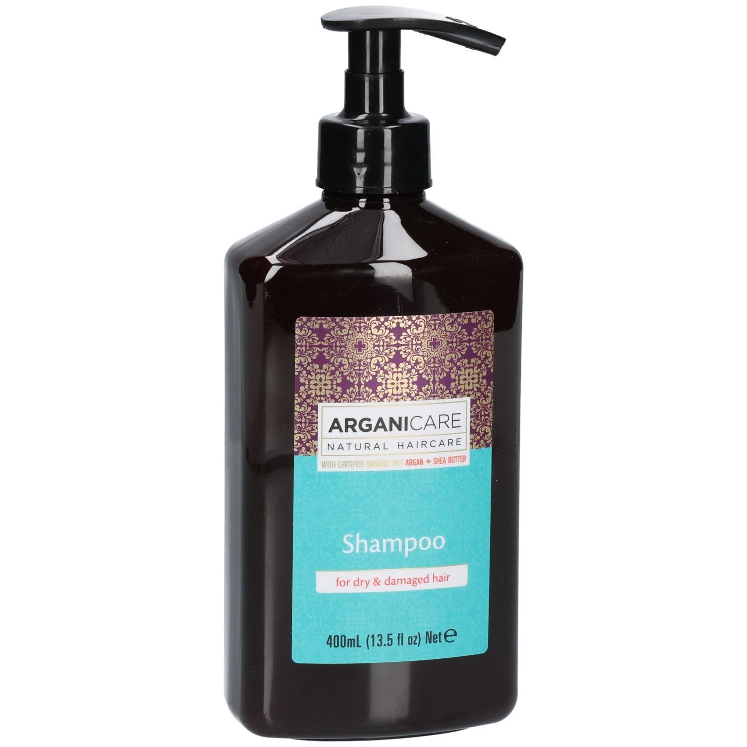 Shampoing Arganicare pour cheveux secs, flacon de 400ml avec pompe.