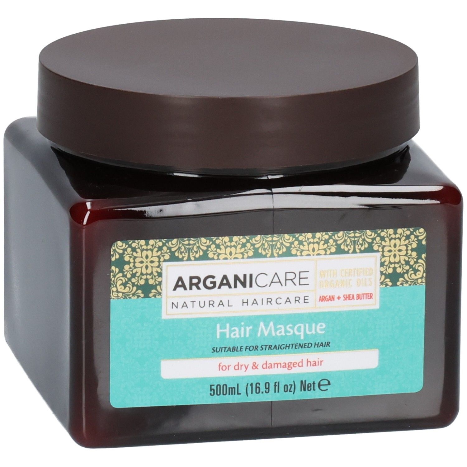 Arganicare Haarmasker voor droog, beschadigd haar. Bruine pot met bruine deksel. 500ml.