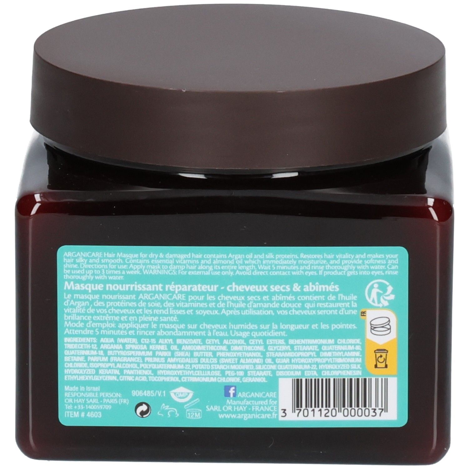Arganicare Haarmasker voor droog, beschadigd haar. Bruine pot met bruine deksel. 500ml.