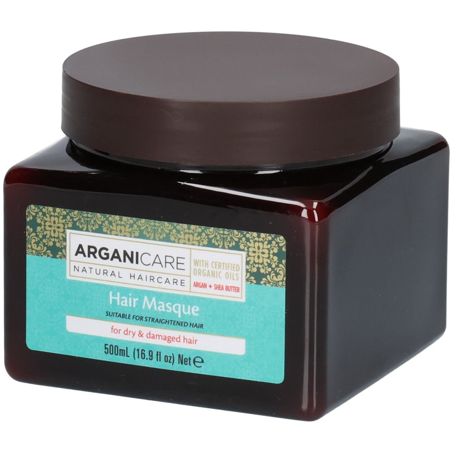 Arganicare Haarmasker voor droog, beschadigd haar. Bruine pot met bruine deksel. 500ml.