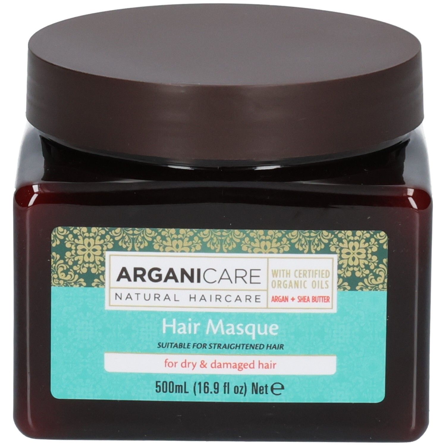 Arganicare Haarmasker voor droog, beschadigd haar. Bruine pot met bruine deksel. 500ml.