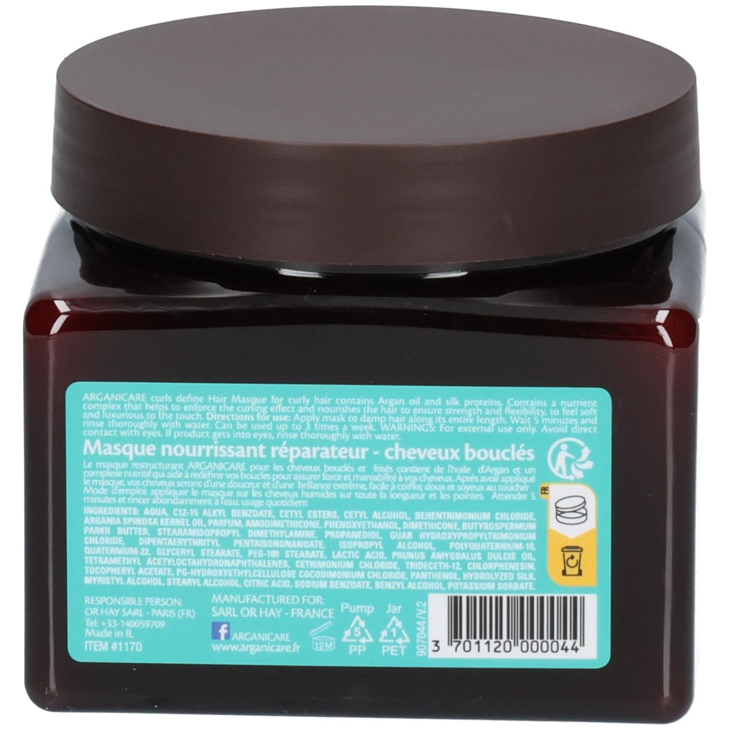Achterkant van de Arganicare haarmasker pot met ingrediënten en barcode.