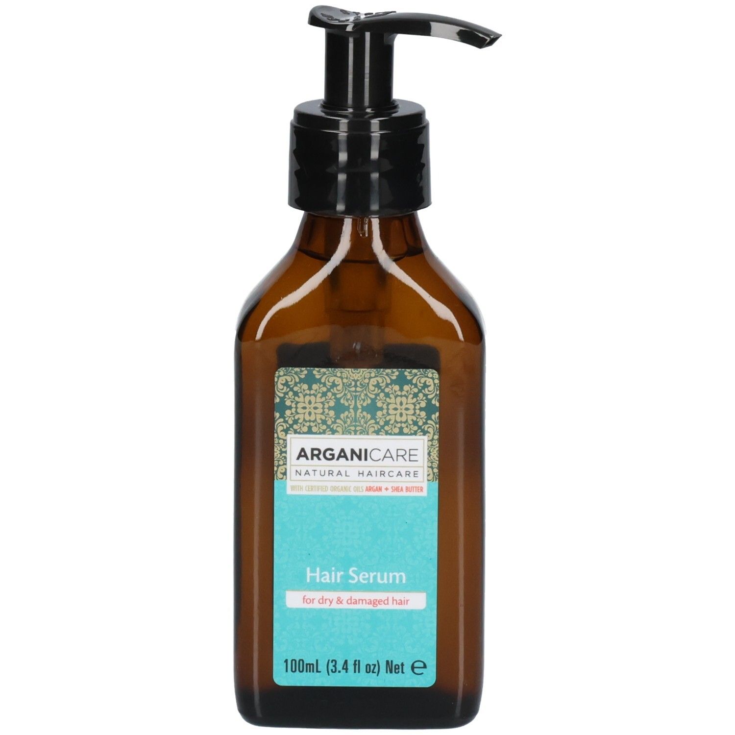 Arganicare Haarserum in bruine glazen fles met pompdos. Voor droog en beschadigd haar.
