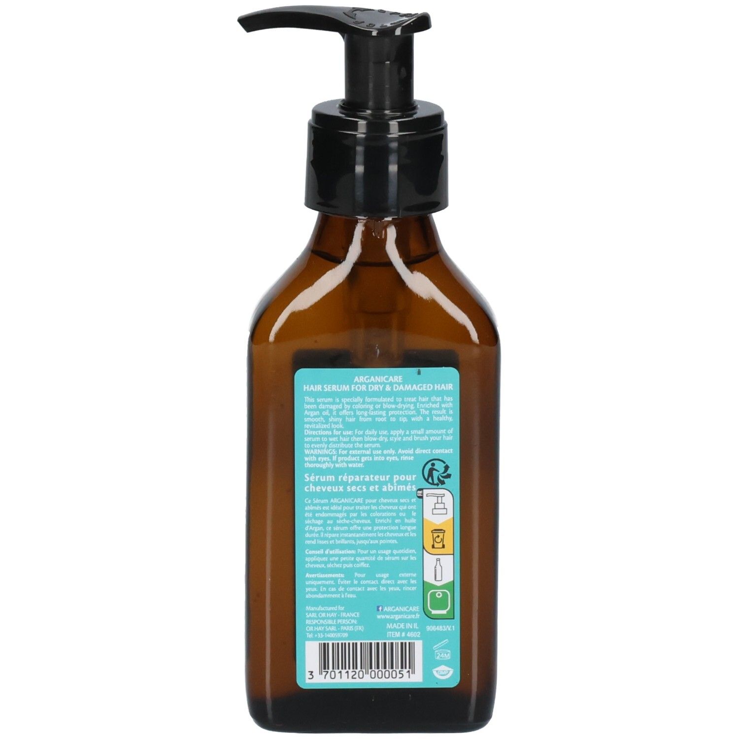Achterkant van de Arganicare Haarserum fles met gebruiksinstructies en ingrediënten.