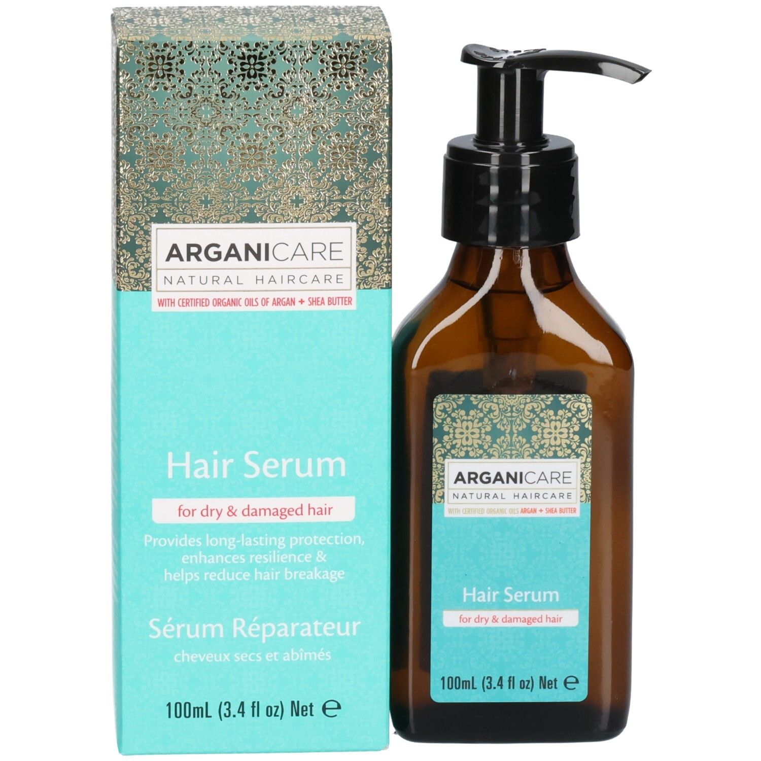 Arganicare Haarserum fles en verpakking. Serum voor droog en beschadigd haar.