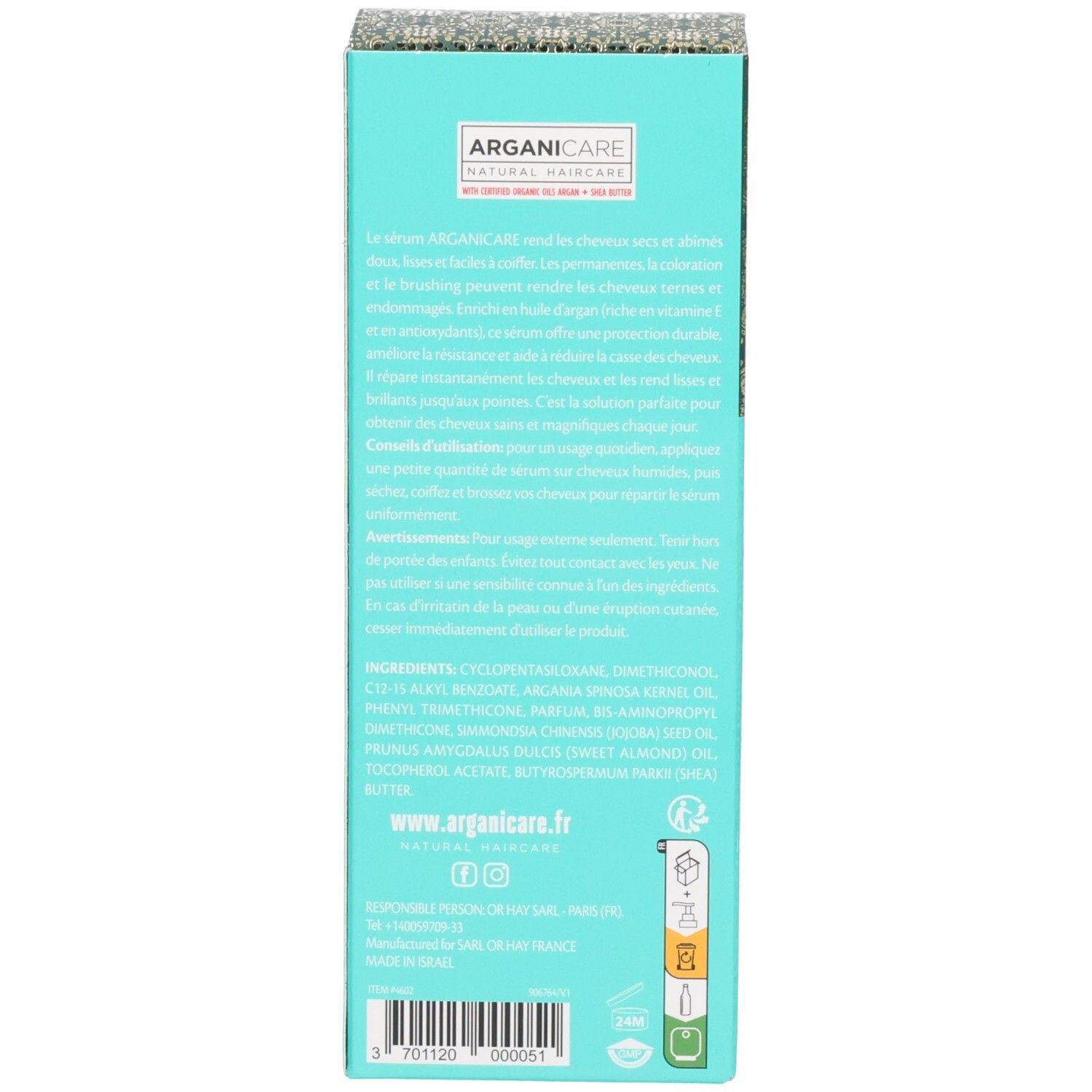 Achterkant van de Arganicare Haarserum verpakking met ingrediënten en website.
