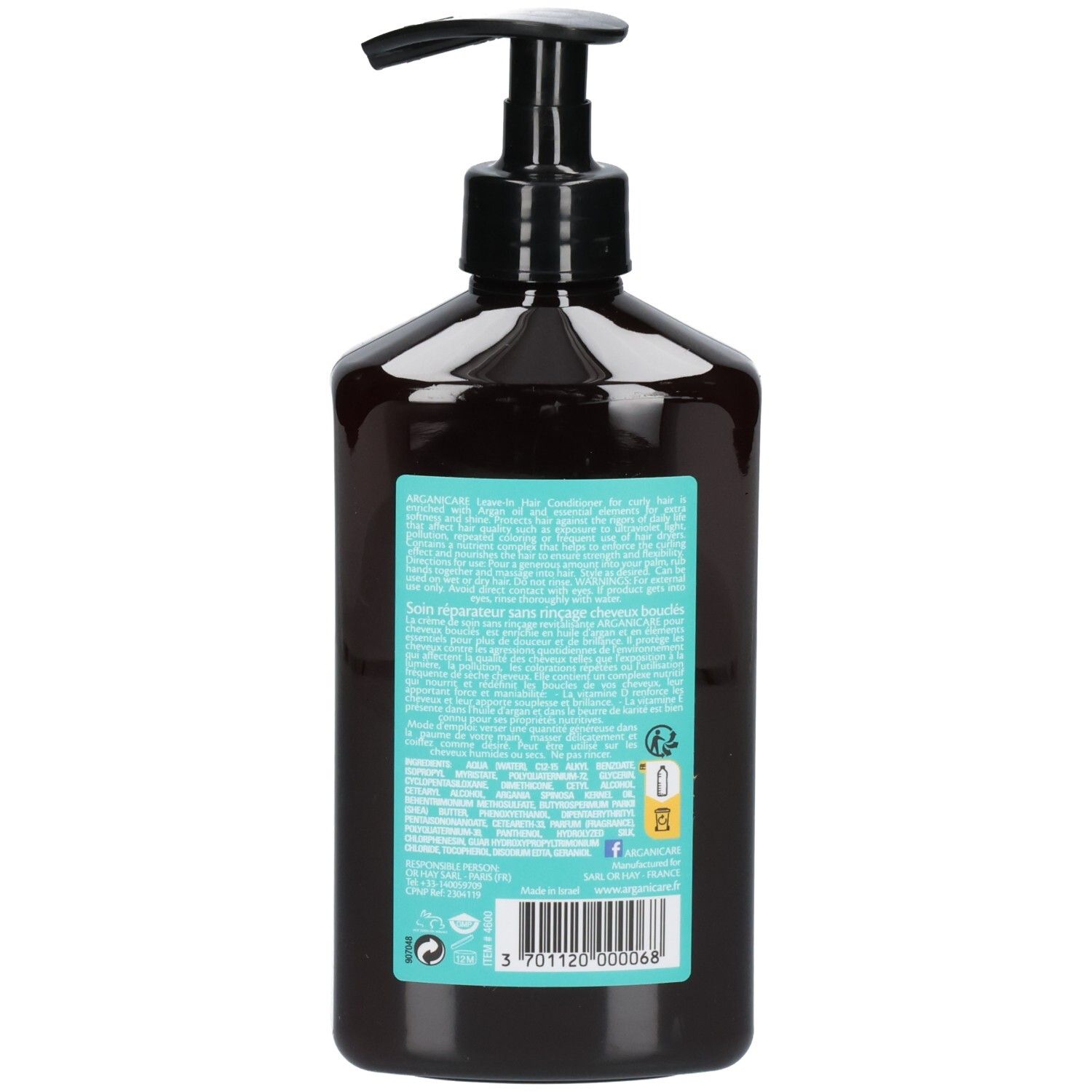 Arganicare Leave-in Conditioner flacon pompe, verso avec ingrédients et code-barres.