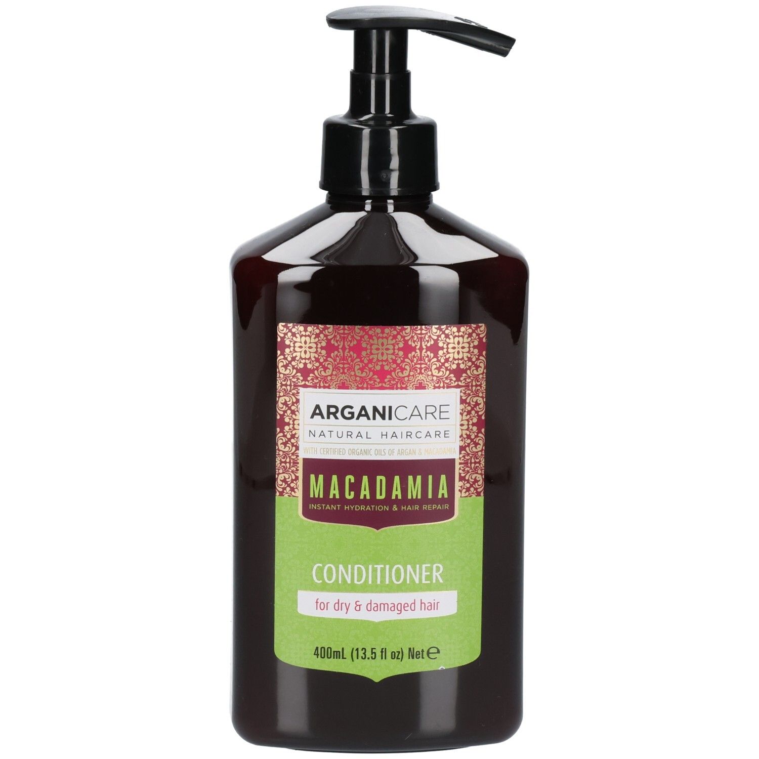 Arganicare Macadamia Conditioner fles met pompdispenser, voor droog en beschadigd haar.