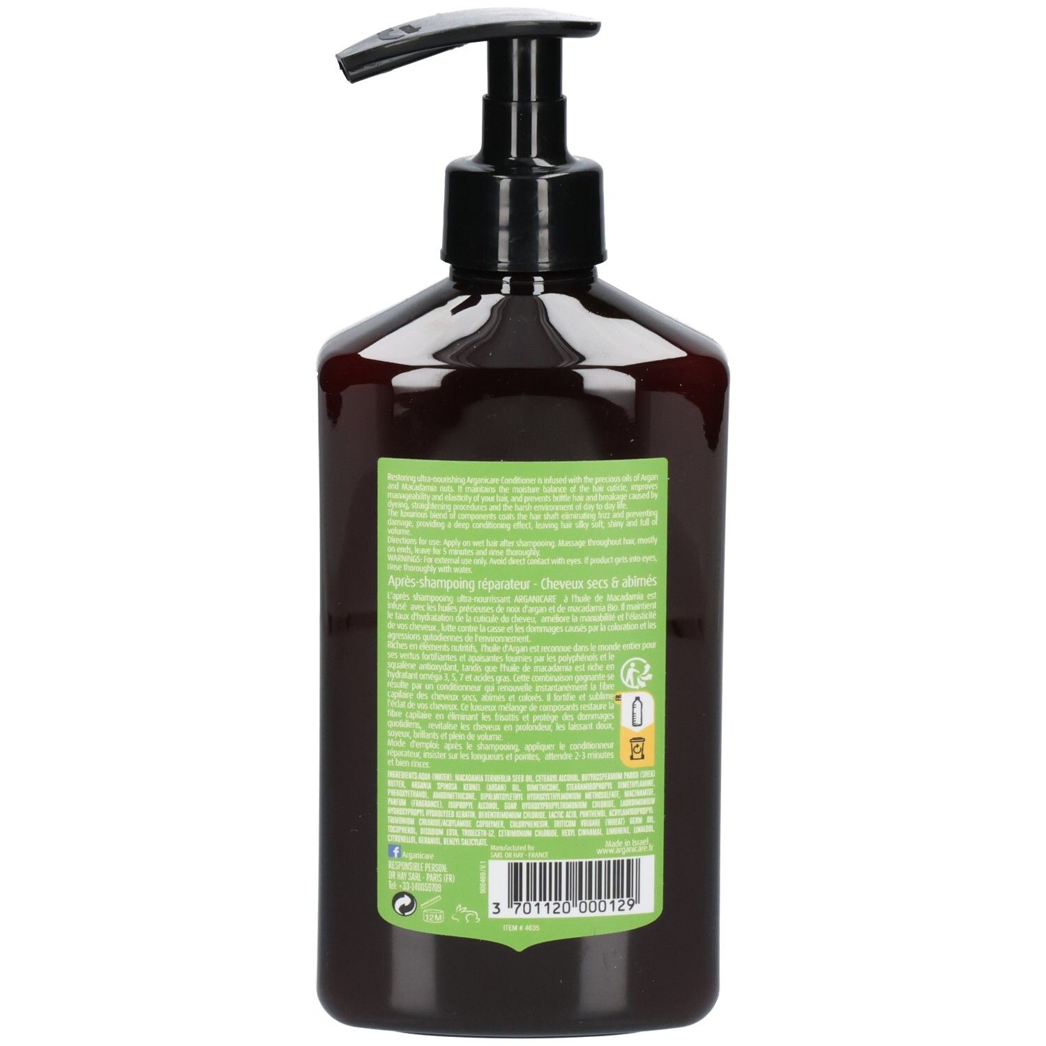 Achterkant van een Arganicare Macadamia shampoofles met ingrediënten en instructies.