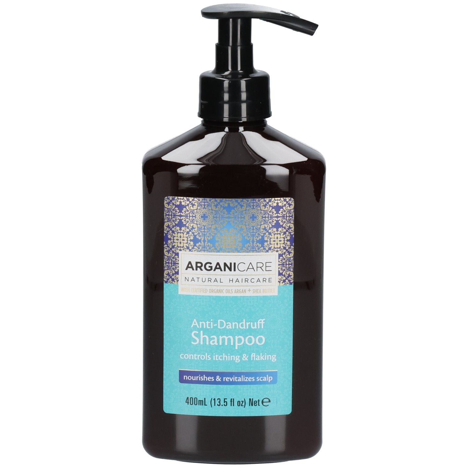 Arganicare Anti-Roos Shampoo met pompdispenser. Donkerbruine fles met blauw etiket.