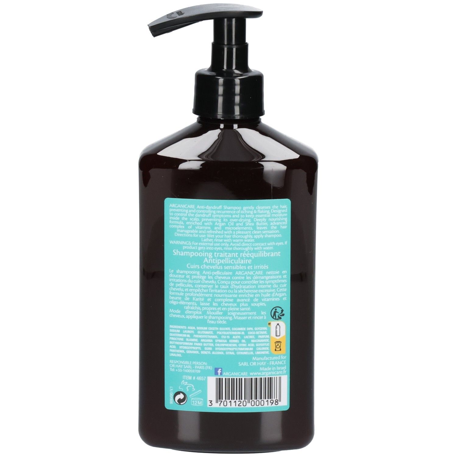 Arganicare Anti-Roos Shampoo, achterkant. Donkerbruine fles met pompdispenser en etiket.