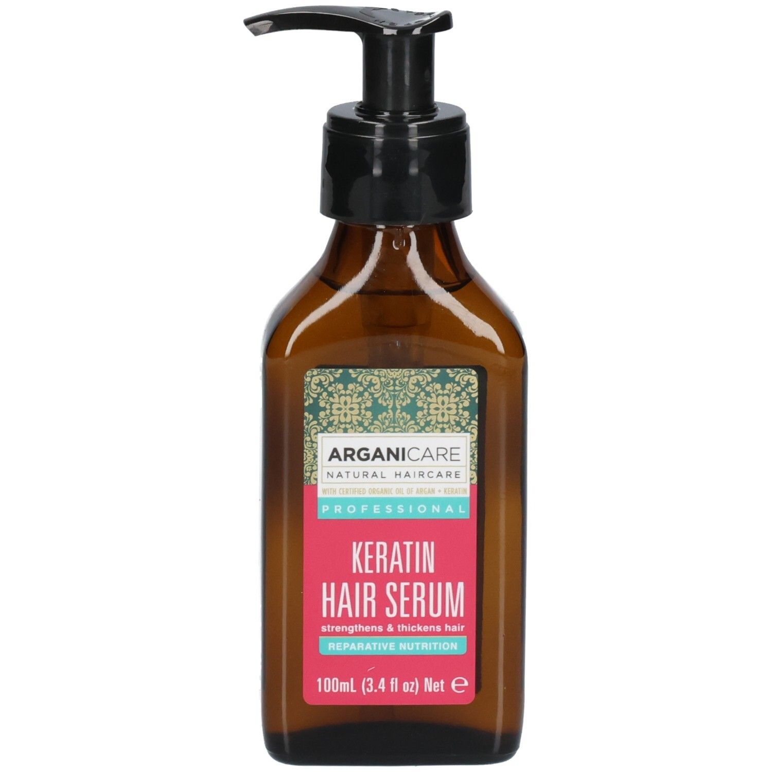Sérum capillaire Arganicare Kératine en flacon de verre brun avec pompe. 100ml.